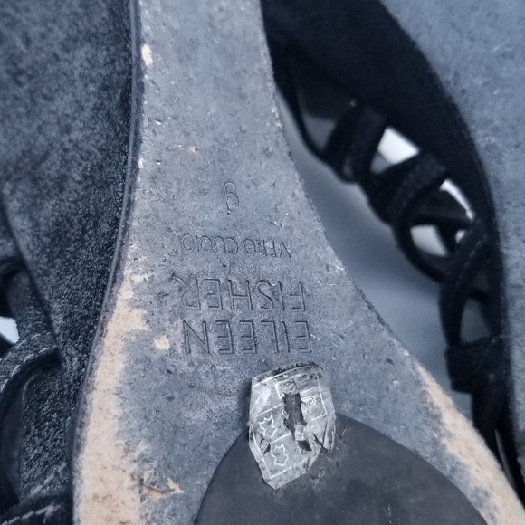 Eileen Fisher Cage Strappy Leather Wedge Sandal Metallic Grey Black Sz 9 - Picture 12 of 13